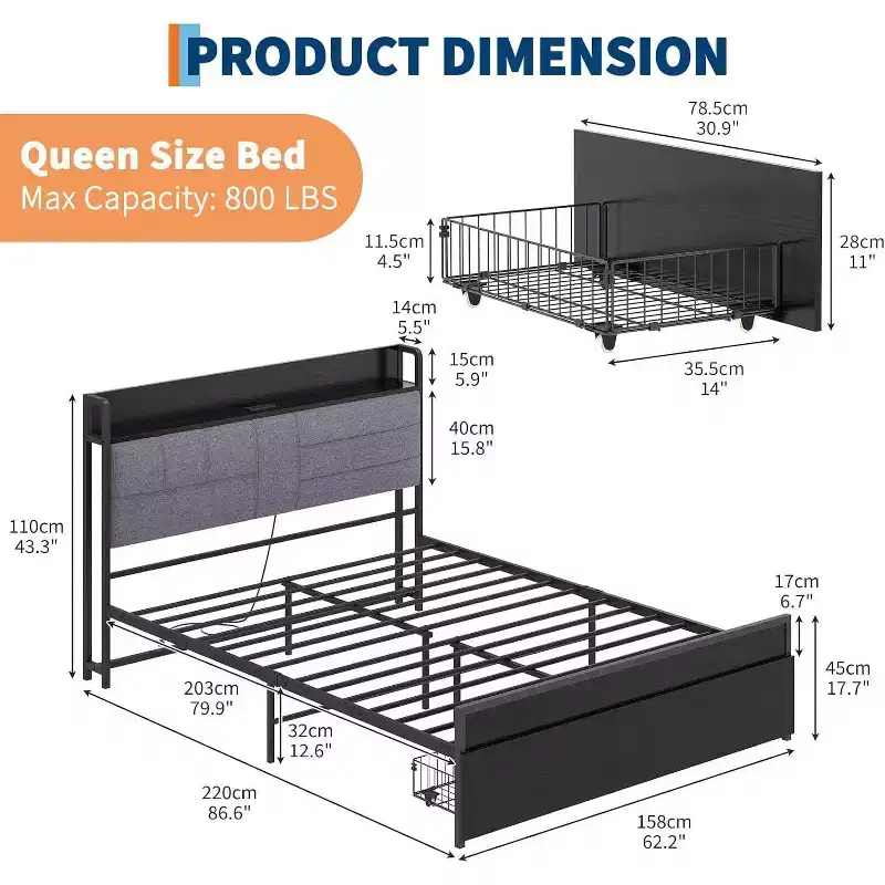 Queen Bed Frame with Storage Drawers, Upholstered Headboard, Metal Platform, Charging Station, 2-Tier Shelf, Black