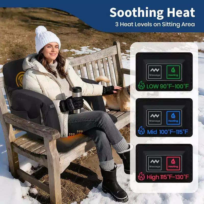 Black Foldable Heated Stadium Seat with Massage, High Back, 1-Person