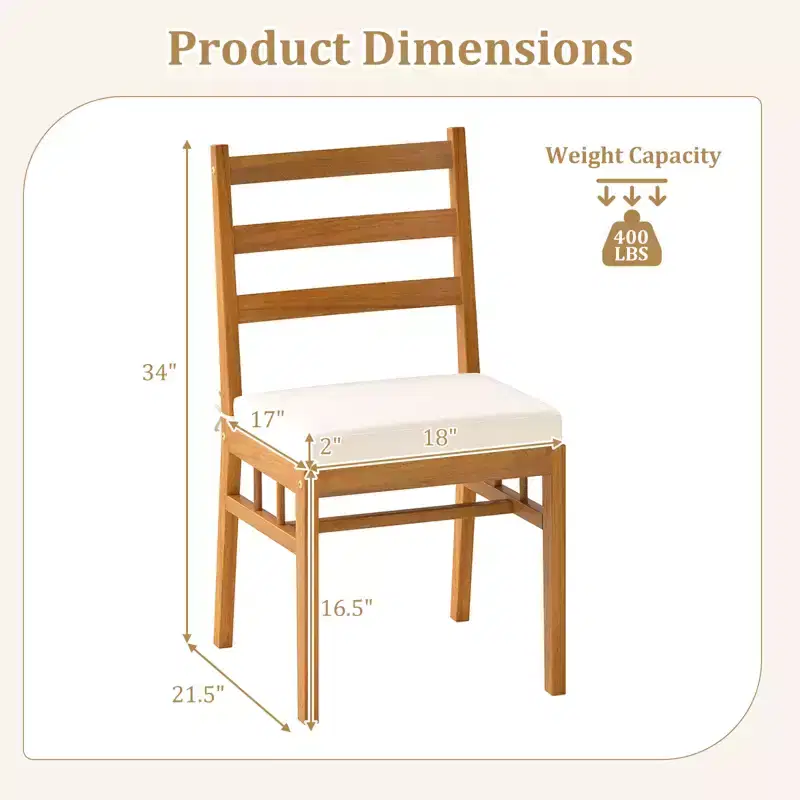 Costway Solid Acacia Wood Patio Chair Set of 2 w/ Padded Seat Cushions