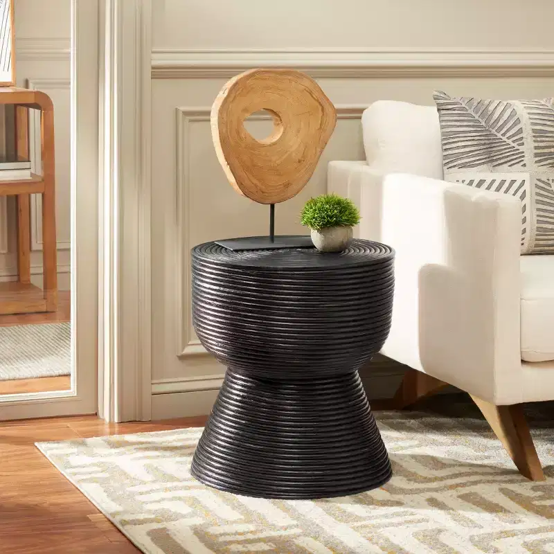 Round Rattan Accent Table, Distressed Black