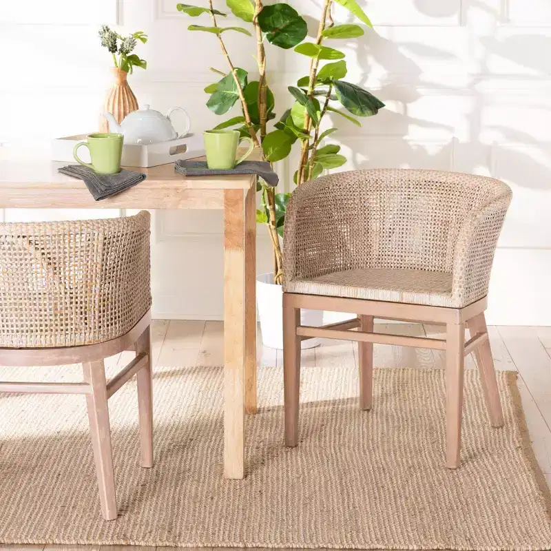 Papua Rattan Dining Chair: Mahogany Frame, Bohemian Design, Rounded Backrest