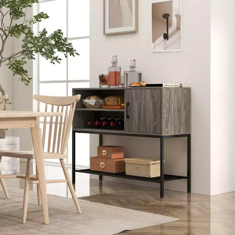 Buffet Sideboard w/ Power Outlets & USB Ports Drink Racks & Storage Shelves Rustic