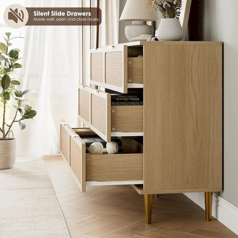 6-Drawer Dresser with Rattan Chest of Drawers