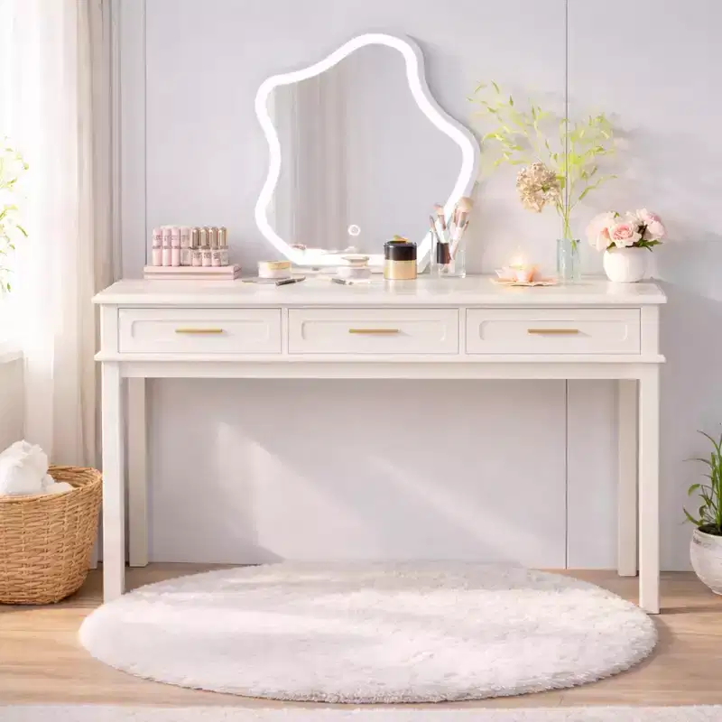 Cream White Makeup Vanity Desk Dressing Table with 3 Drawers, Office Writing Desk Entryway Console Table Storage Accent Table, No Mirror - ModernLuxe