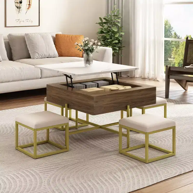 Lift Top Coffee Table with 4 Stools, Multifunctional Folding Dining Table with Hidden Storage for Small Spaces