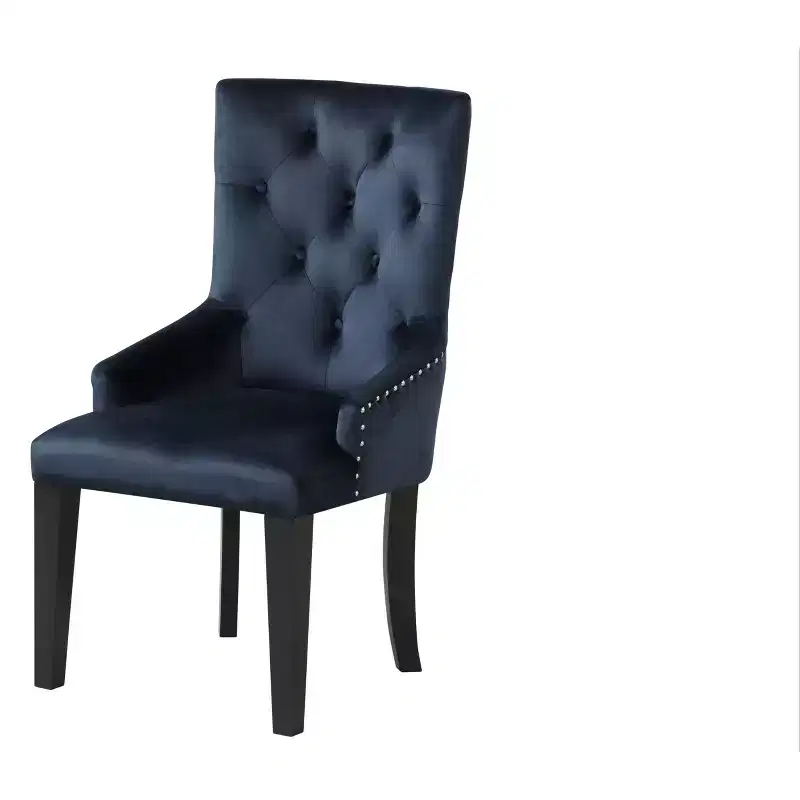 Dark blue and black velvet upholstered dining chairs