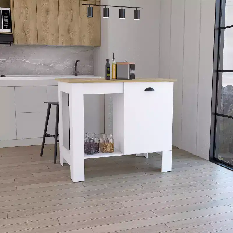 Okak Kitchen Island with Storage Cabinet Door, Countertop Organizer with 2 Internal Shelves and 1 Open Shelf, Small Kitchen Island for Kitchen, White