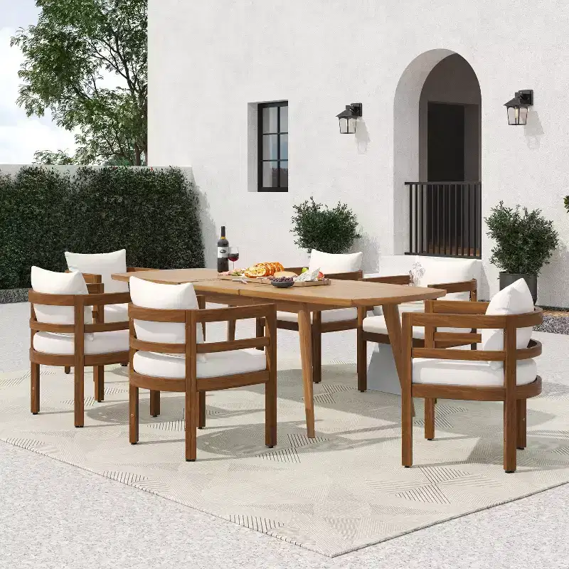 Christopher Knight Home Bennett Patio Rustic 7-Piece Acacia Wood Expandable Dining Table and Chairs Set with Cushions