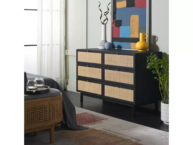 Rattan Mesh 6-Drawer Dresser DRS9600 in Deep Walnut with Gold Pulls