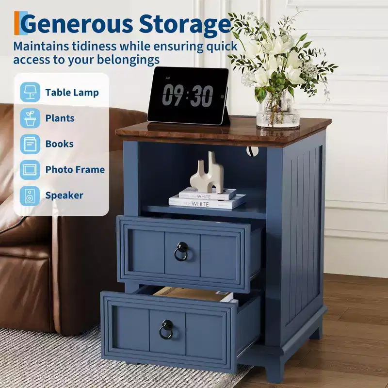 Modern Farmhouse bedside table  18 Wooden Bedside Table, 2 Drawers, Open Shelf  Bedroom & Living Room End Table
