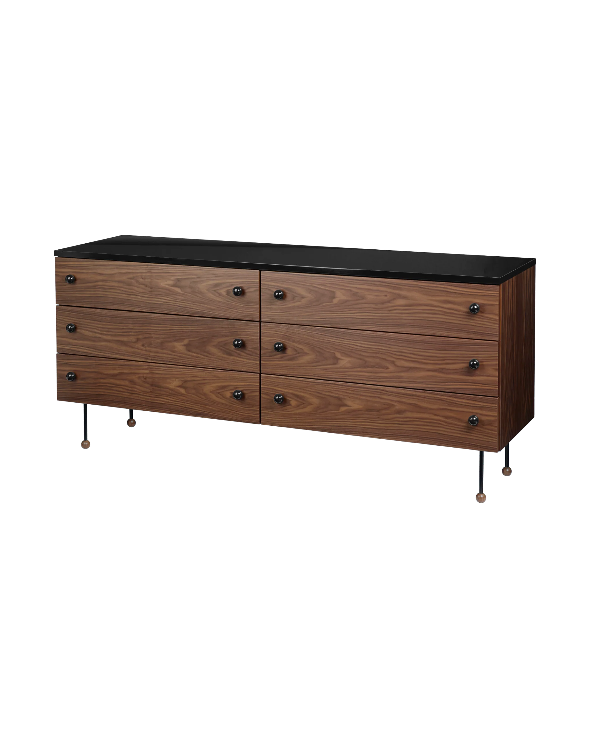 Mid-Century American Walnut 6-Drawer Sideboard with Black Gloss Top & Ball-Foot Metal Legs for Bedroom