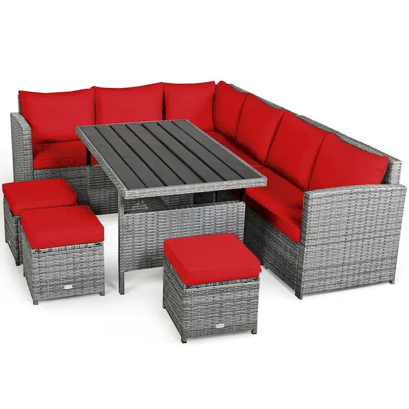 7 Pcs All-Weather Patio Rattan Dining Furniture Sectional Sofa Set with Wicker Ottoman and Cushed Couch