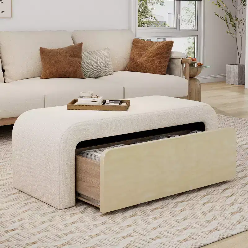 Modern Boucle Upholstered Ottoman With Drawer
