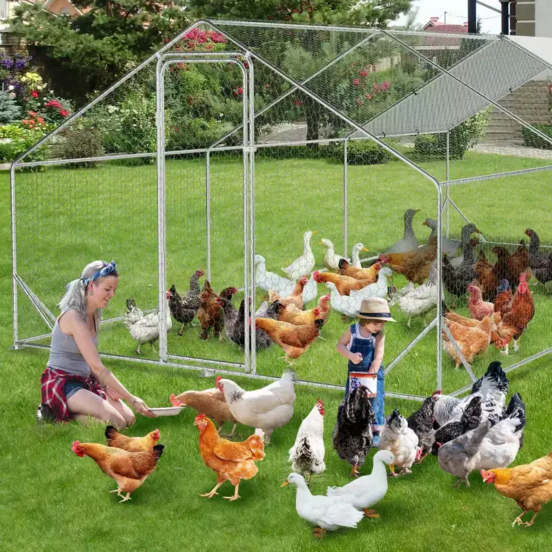 Large Metal Chicken Coop & Run with Waterproof Anti-UV Cover & Spire Roof