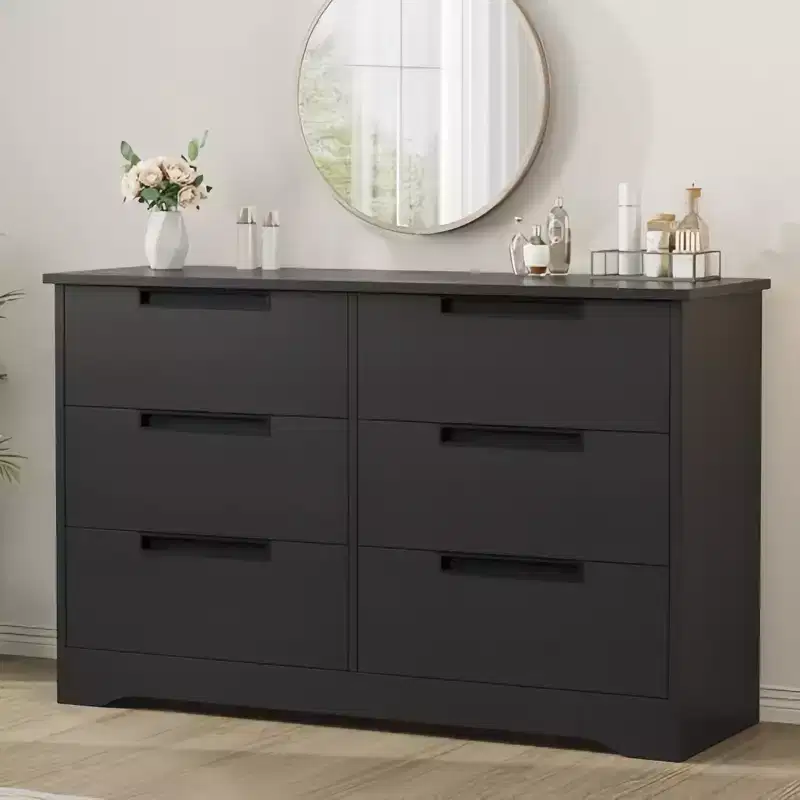 GustoWave Black Horizontal 6-drawers Dresser with Embedded Handles, Wood Relief Texture Design - Anti-tipping