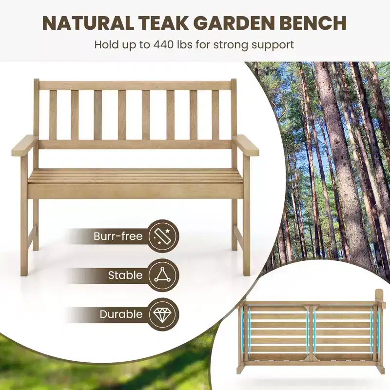 Costway Indonesia Teak Wood Garden Bench 2-Person Patio Bench with Backrest & Armrests Natural