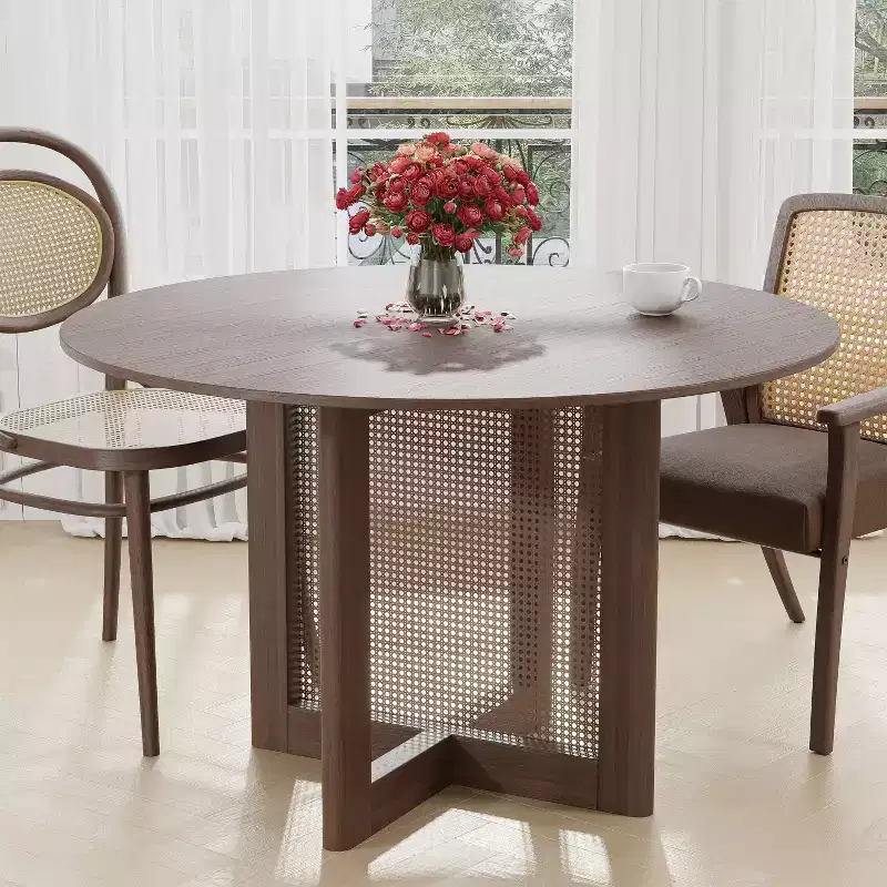 46 inch Round Brown Rattan Dining Table for 4-6 People Suitable for Dining Room and Living Room