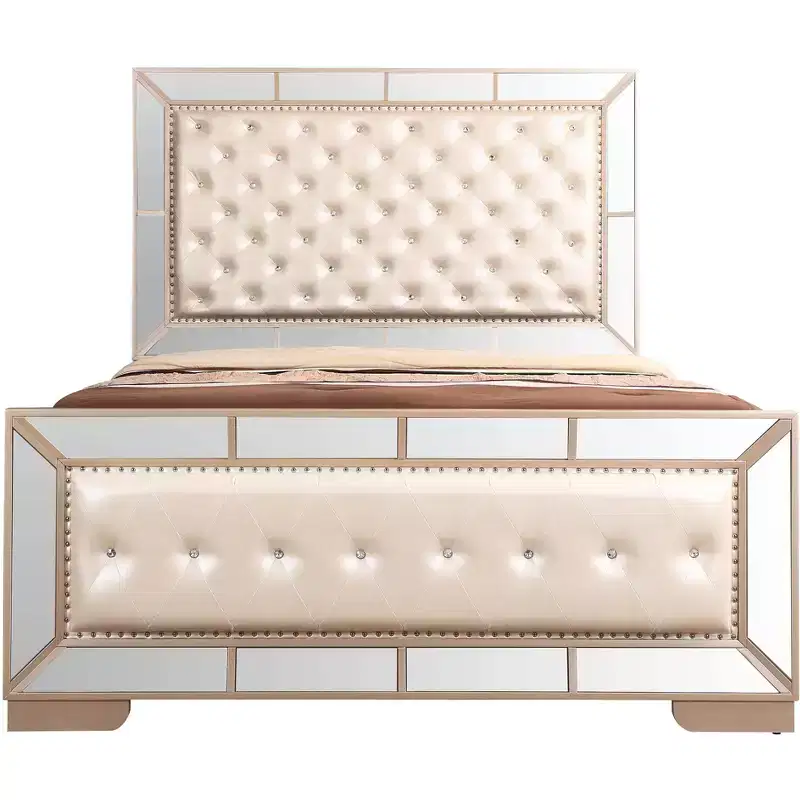 Hollywood Hills Queen Panel Bed - Diamond Tufted, Mirror Accents