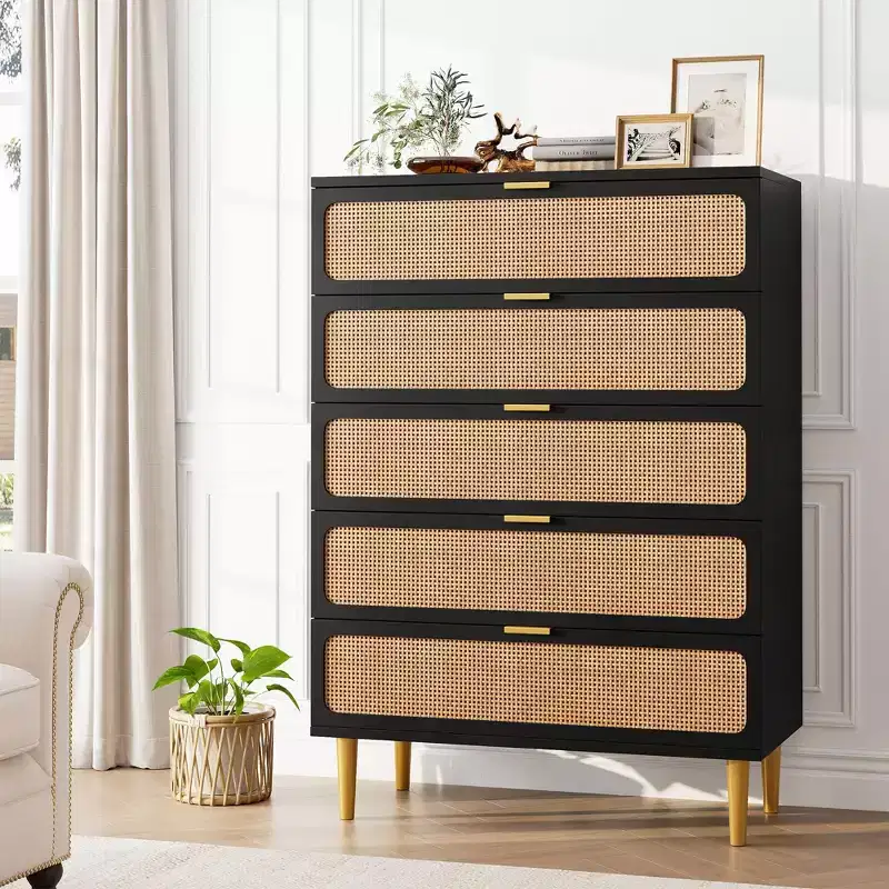 Rattan 5 Drawer Dressers for Bedroom, Tall Dresser with Deep Drawers, Large Chest of Drawers for Closet with Wide Top, Long Wooden Dresser