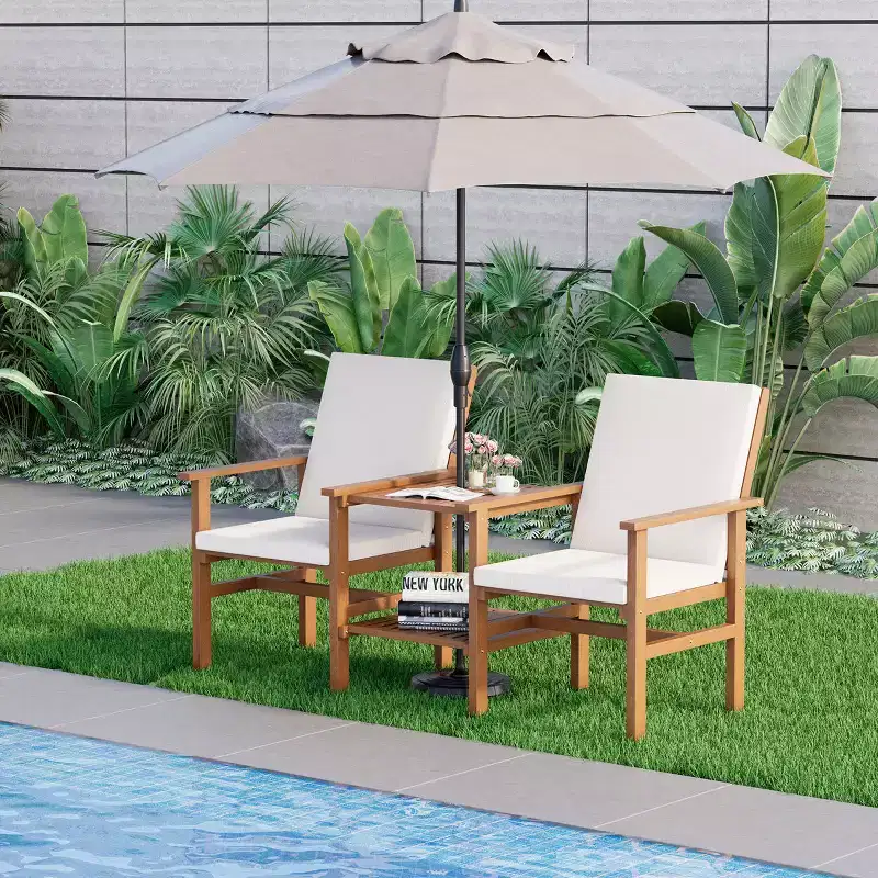 EROMMY Acacia Wood Loveseat With Table, 3 Pieces Patio Furniture Set, Outdoor Patio Loveseat With Coffee Table