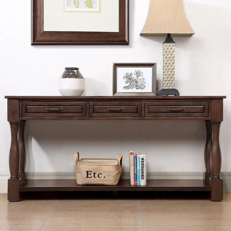 Solid Wood Console Table with 3 Drawers and Bottom Shelf - 63W