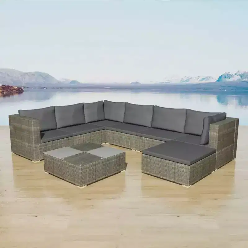 vidaXL 8-Piece Patio Lounge Set - Gray Poly Rattan with Comfortable Cushions, Versatile Configuration - Ideal for Garden and Patio Use