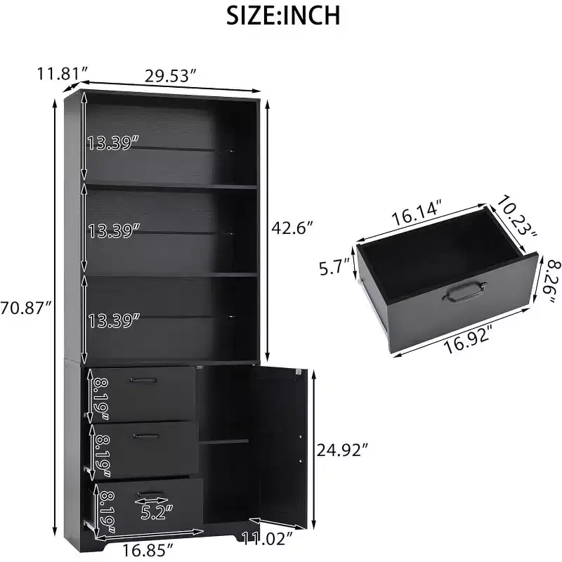 Acekool 6-Tier Bookshelf with Door and 3 Drawers, 71 Tall Bookcase, 3 Open Shelves, Storage Cabinet, for Home Office or Bedroom