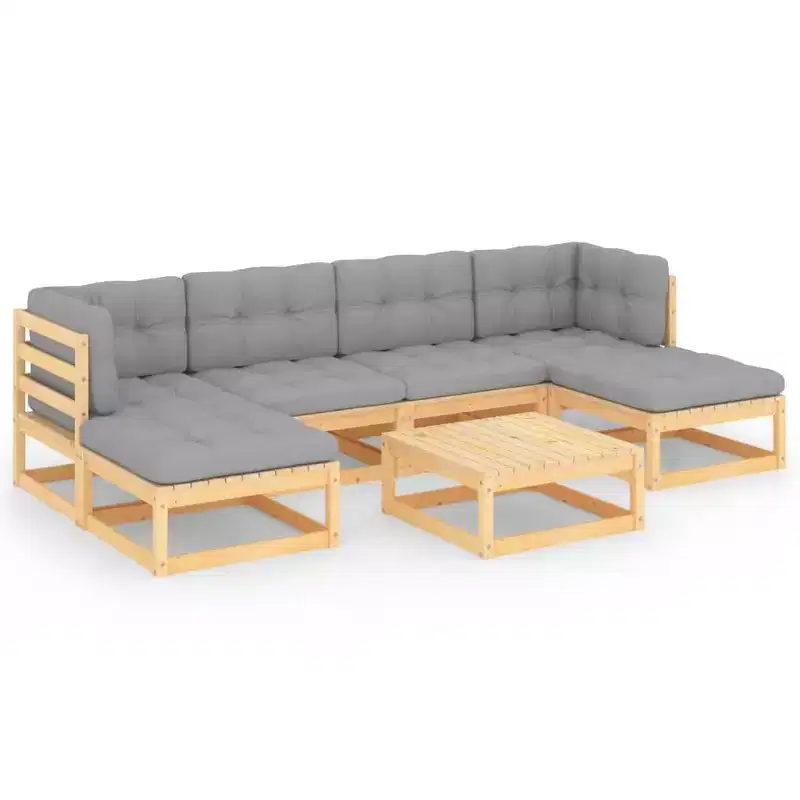 vidaXL 7 Piece Patio Lounge Set with Cushions Solid Wood Pine - Natural, Cushion Included