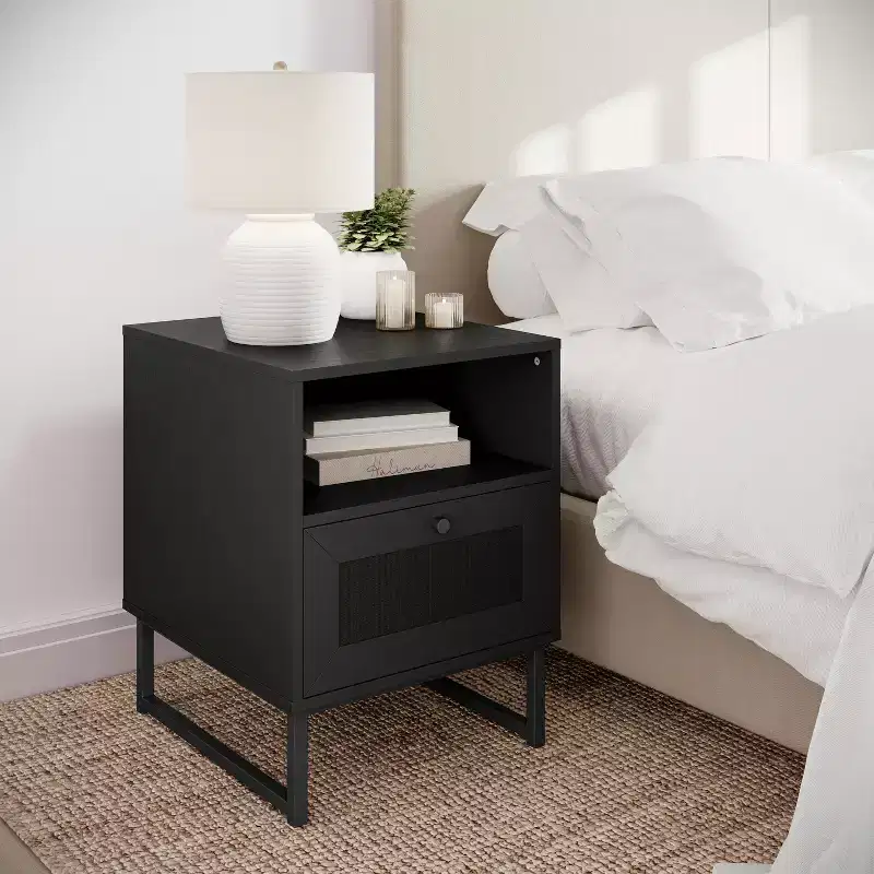 Mid-Century Modern Nightstand or End Table with Rattan Accented Drawer, Open Upper Shelf, and Metal Legs