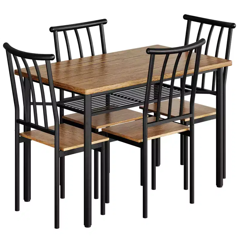 Brown Farmhouse 5-Piece Dining Set for 4, Rectangular Wood Kitchen Table with 4 Chairs & Storage Shelf for Dining Room Small Spaces