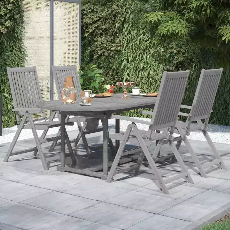 vidaXL Outdoor Patio Dining Set - Solid Acacia Wood, Extendable Table and Folding Chairs, Gray Wash Finish, Weather-Resistant