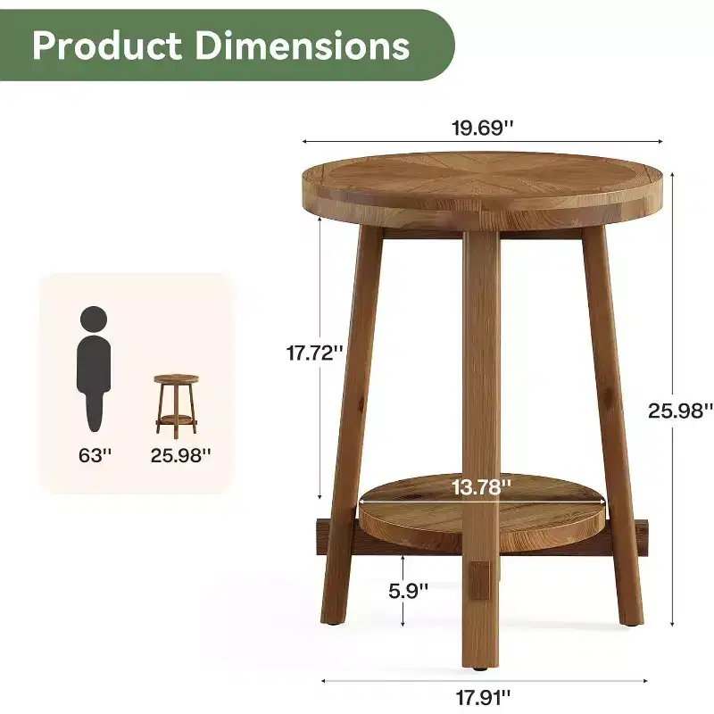Solid Wood Side Table for Living Room, Farmhouse Small Round End Table with 2-Tier Storage for Small Spaces, Bedroom, Brown