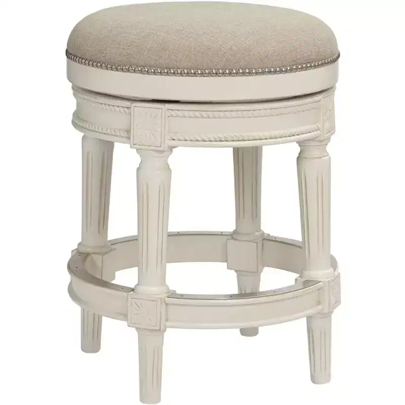 55 Downing Street Oliver Wood Swivel Bar Stool Distressed White 24 1/2 High Traditional Cream Round Cushion with Footrest for Kitchen Counter Island