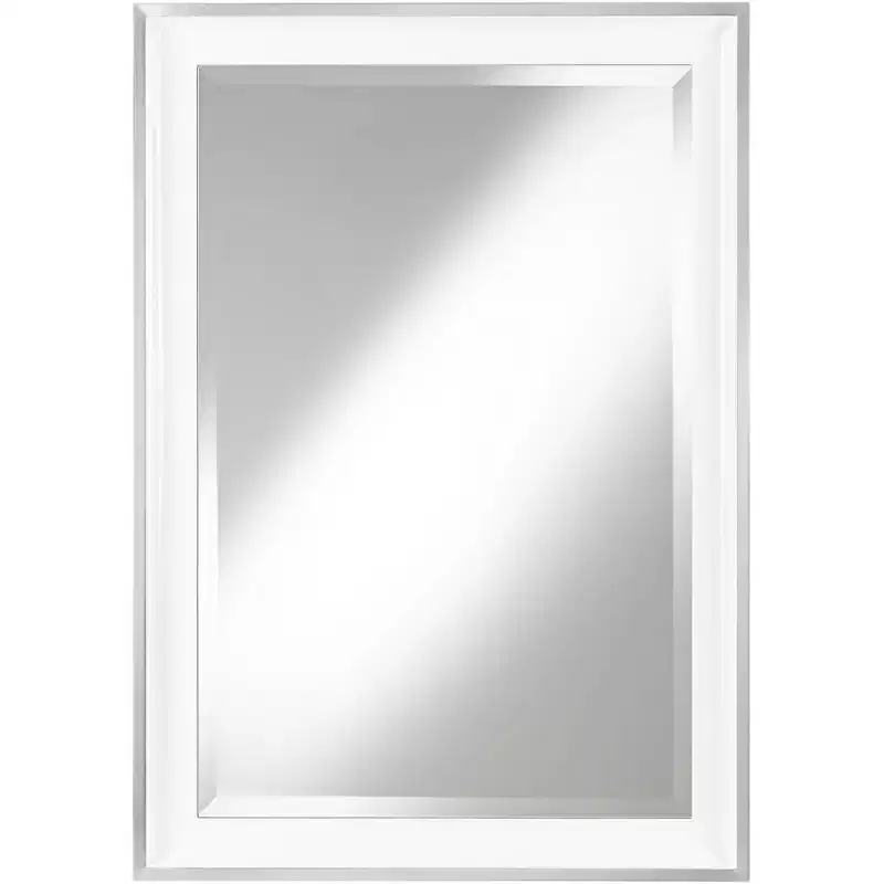 Rectangular Vanity Accent Wall Mirror Modern Beveled Glossy White Wood Frame 24 Wide for Bathroom Bedroom Living Room