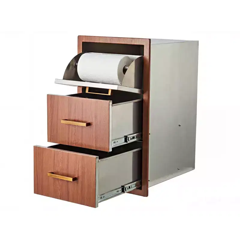 Outdoor Kitchen Drawers 17 W x 30 H x 21 D, Flush Mount Triple BBQ Drawers with Stainless Steel Handle, Paper Towel