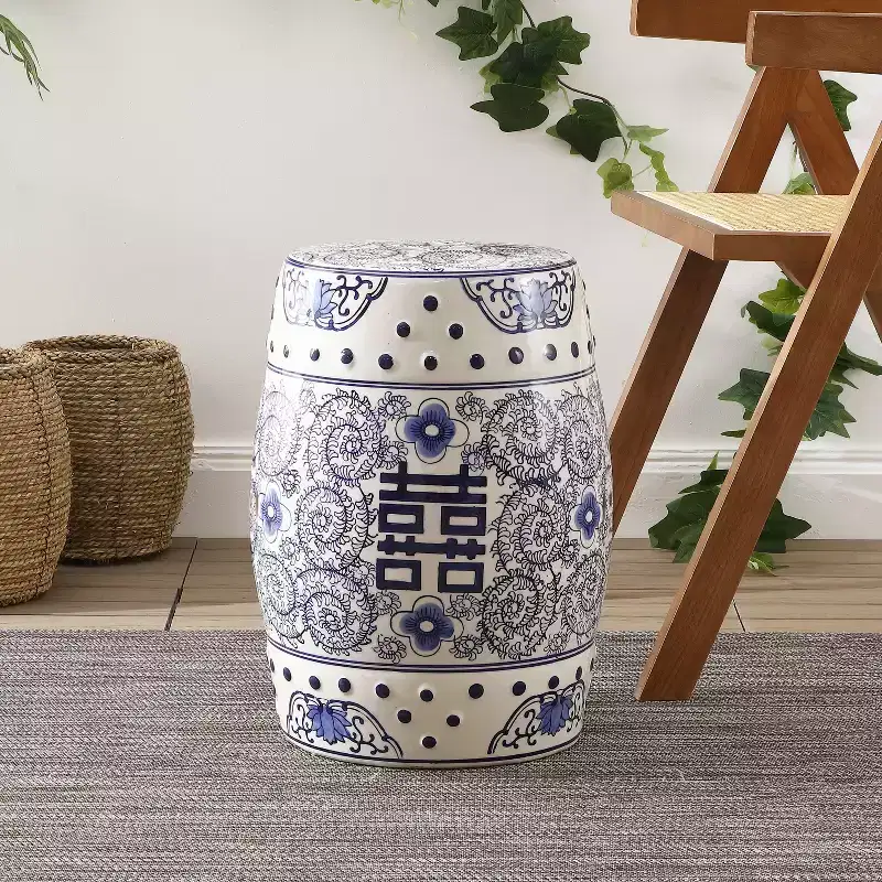 Chinoiserie Ceramic Drum Garden Stool & Accent Table | Blue | 17.75