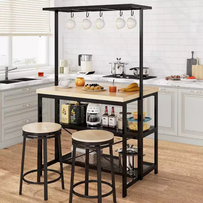 42/47 inch Kitchen Island with Storage & Seating - 3-Tier Bakers Rack, Microwave Stand, Dining Table for 4, 5 Hooks & 50lb Capacity