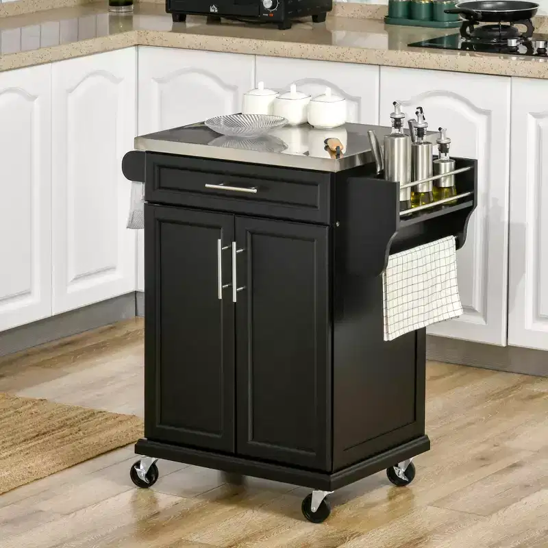 Stainless Steel Top Rolling Kitchen Island with Drawer, Towel Rack and Spice Rack
