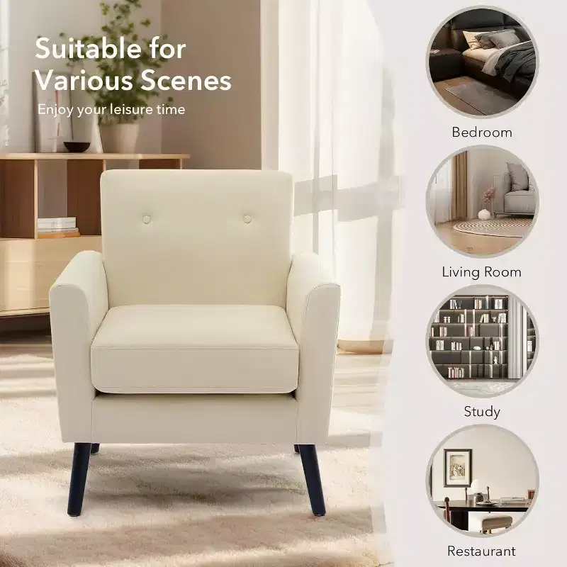 Accent Chair with Linen Fabric, Upholstered Armchair with Wood Legs & Thick Cushion