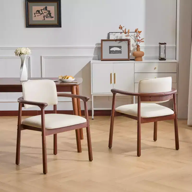 Set of 2 Retro PU Upholstered Dining Chairs with Solid Wood Frame, Accent Armchairs for Dining Room or Living Room