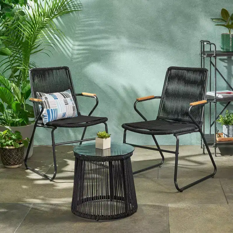 Moonstone 3pc Rope Weave Modern Chat Set - Black - Christopher Knight Home: Weather-Resistant Outdoor Seating