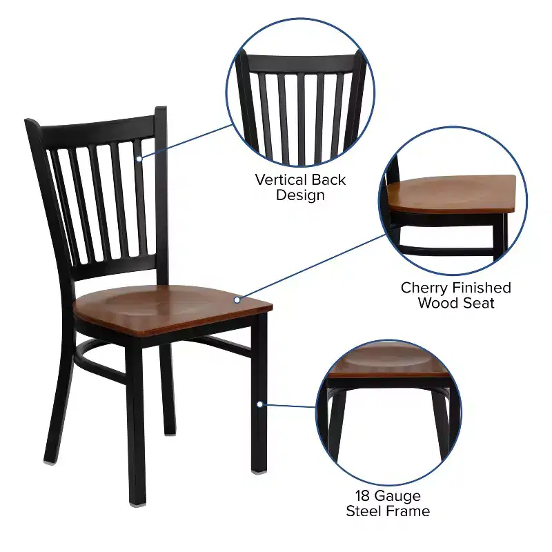 Black Metal Frame Vertical Back Dining Chair – Vinyl or Wood Seat, Seats 1