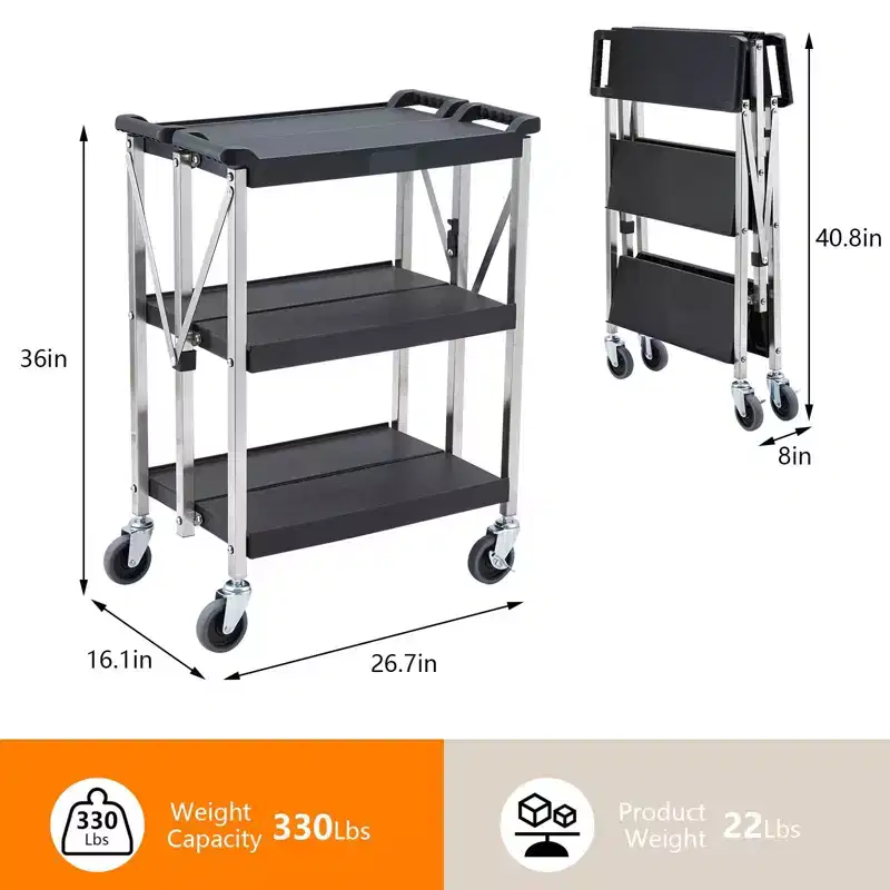 Heavy Duty 3-Shelf Rolling Cart, Commercial Foldable Utility Cart with Wheels, 330 Lbs Capacity, Collapsible Service Cart for Foodservice, Garage