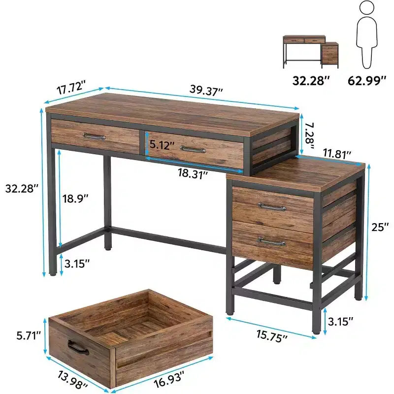 Lantine 39 Inch Computer Desk with 5 Drawers, Rustic Brown Industrial Style, Home Office Writing Table with Storage for Small Spaces.