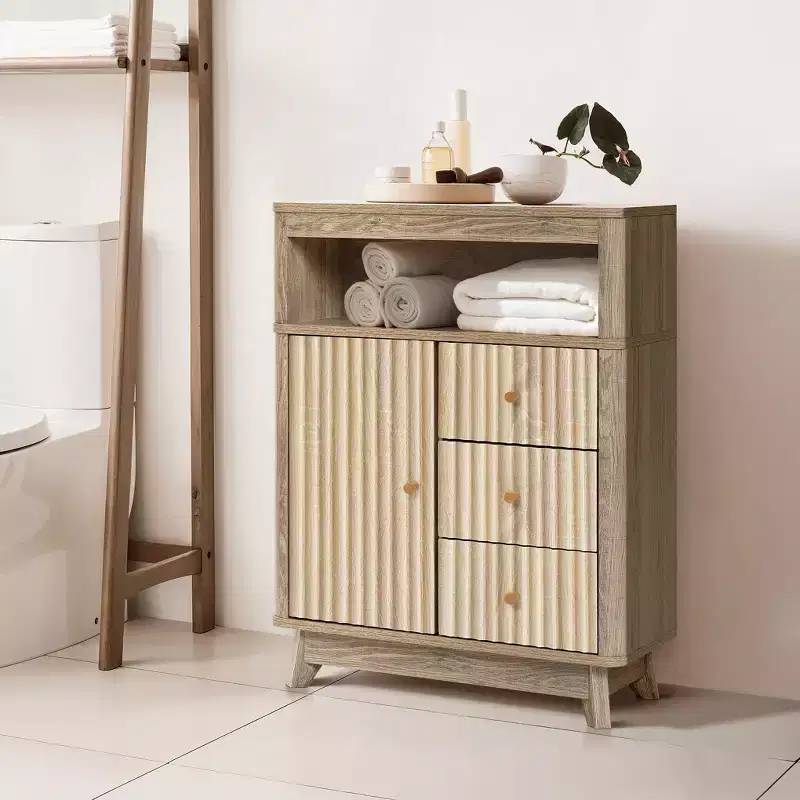 Luxenhome Bathroom Storage Cabinet, 31'' Mid Century Modern Natural Finish Fluted Wave-Patterned Wood Accent Cabinet with 3-Drawer 1-Door Brown