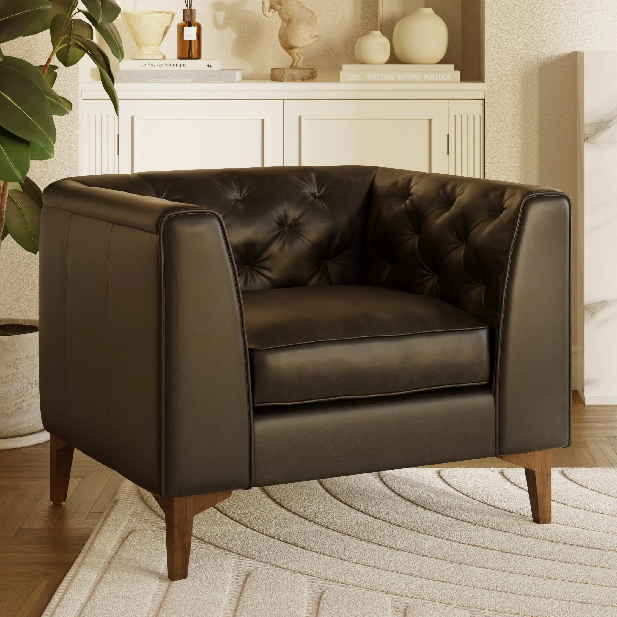 Modern Onyx Black Leather Lounge Chair with Tufted Back