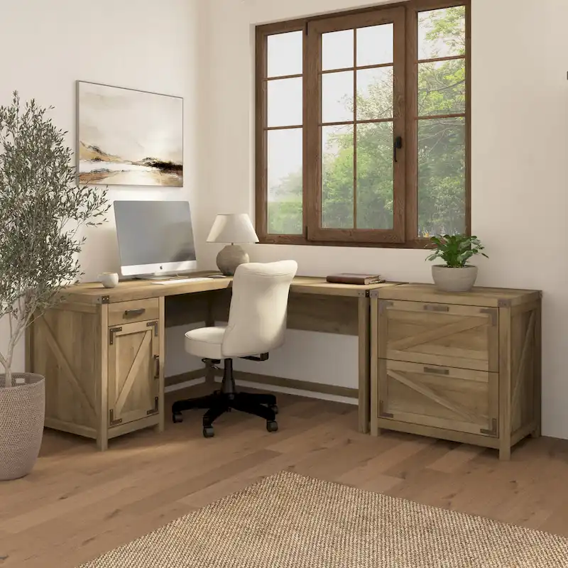 L-Shaped Corner Desk with 2-Drawer File Cabinet – Restored Gray / Reclaimed Pine / Cottage White