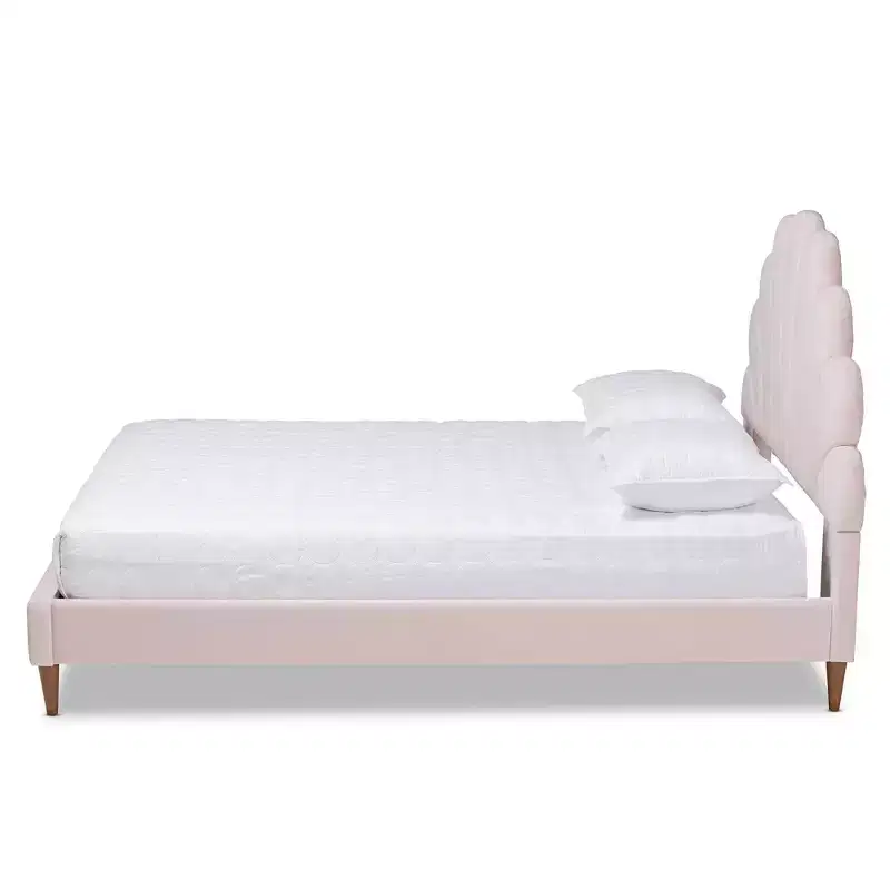 Queen Odille Velvet Seashell Shaped Platform Bed Light Pink/Walnut - Baxton Studio: Glam Bedroom Furniture, Channel Tufted