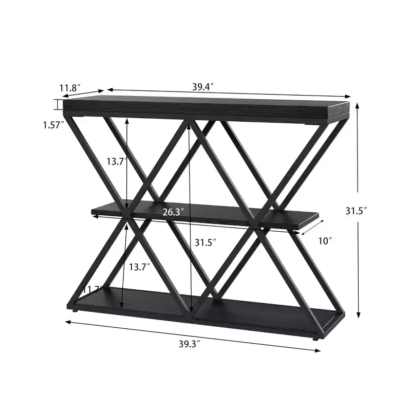 COZONY 3-Tier Entryway Table, Industrial Console Sofa Table with Storage, X-Shaped Metal Frame, Open Shelves for Entryway, Hallway, Living Room