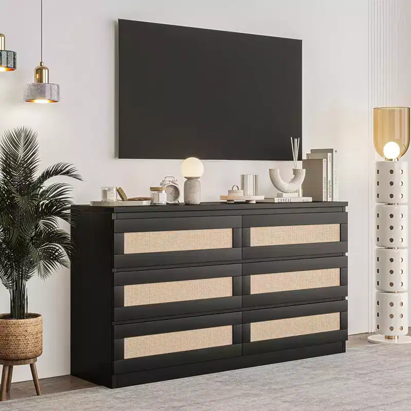 Wood Rattan 6-Drawer Double Dresser Chest